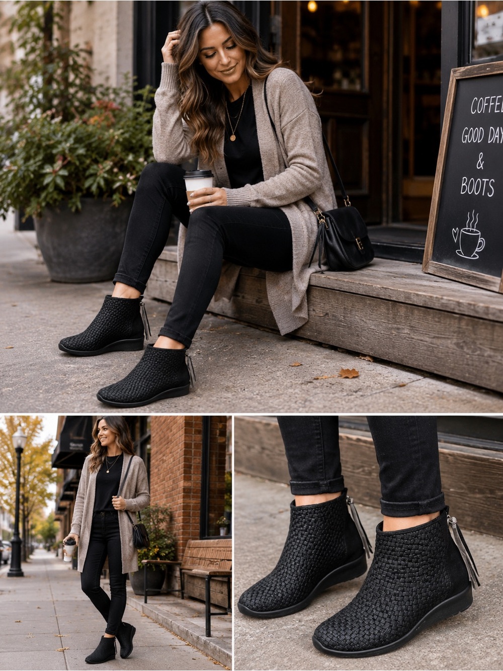 Zee Alexis Black Woven Ankle Booties Women’s Size 41 Zip Tassel Comfort Wedge